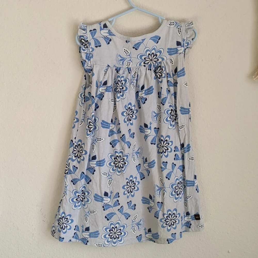 Tea Collection Mighty Mini Flocks & Florals Blue Sleeveless Dress Girls Sz 5